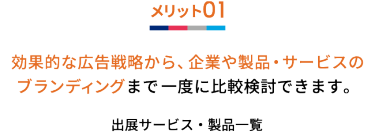 メリット01 効果的な広告戦略から、企業や製品・サービスのブランディングまで  一度に比較検討できます。