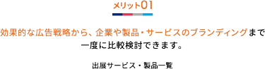 メリット01 効果的な広告戦略から、企業や製品・サービスのブランディングまで  一度に比較検討できます。