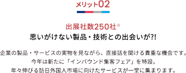 メリット02 出展社数250社※ 思いがけない製品・技術との出会いが?!