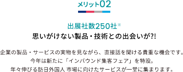 メリット02 出展社数250社※ 思いがけない製品・技術との出会いが?!