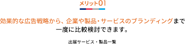メリット01 効果的な広告戦略から、企業や製品・サービスのブランディングまで  一度に比較検討できます。