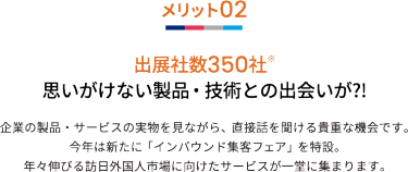 メリット02 出展社数350社※ 思いがけない製品・技術との出会いが?!