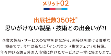 メリット02 出展社数350社※ 思いがけない製品・技術との出会いが?!