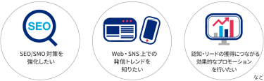 SEO/SMO対策を 強化したい　Web・SNS上での発信トレンドを知りたい　認知・リードの獲得につながる効果的なプロモーションを行いたい