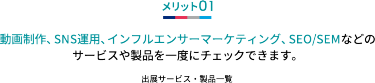 メリット01 動画制作、SNS運用、インフルエンサーマーケティング、SEO/SEMなどの サービスや製品を一度にチェックできます。