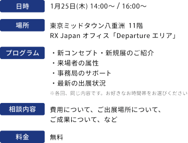 日時：2024年1月25日木曜日14時～、16時～　場所：東京ミッドタウン八重洲11階　RX Japanオフィス「Departureエリア」　プログラム：新コンセプト・新規展のご紹介、来場者の属性、事務局のサポート、最新の出展状況　※各回同じ内容です。お好みの時間帯をお選びください。　相談内容：費用や出展場所、成果についてなど　料金：無料